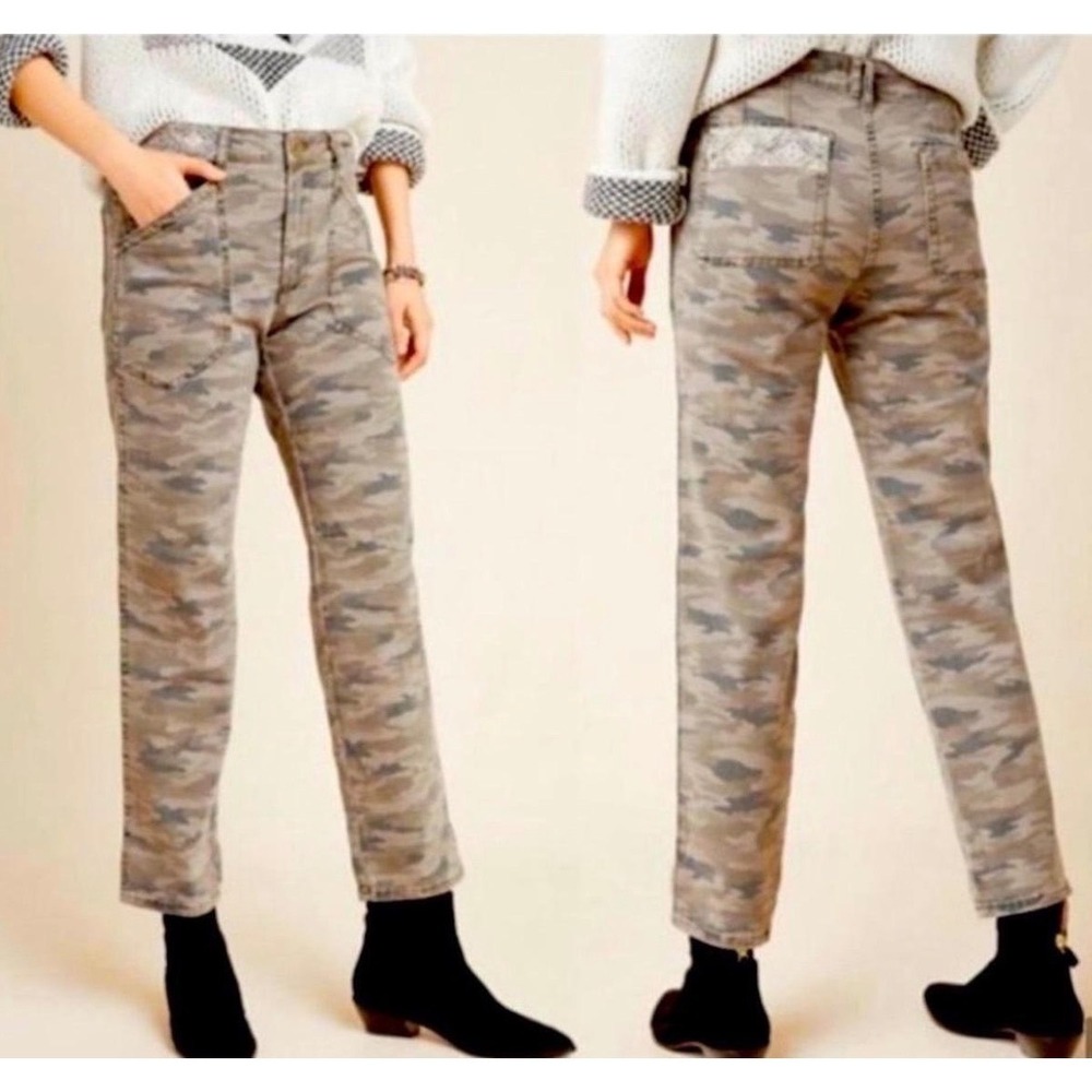 Anthropologie Mavis 30 Camo Cargo Utility Pants Straight Leg Embroidered Safari